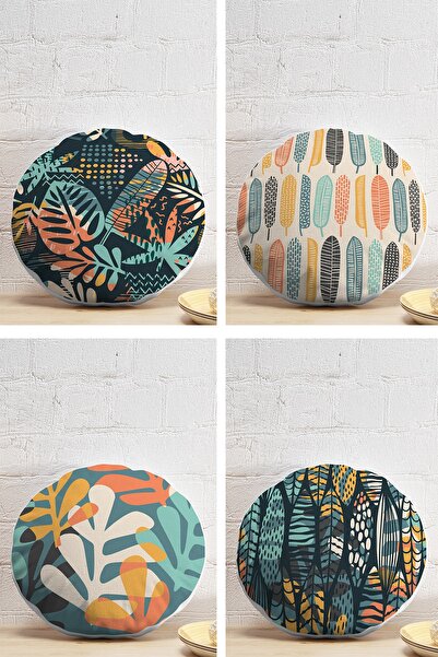 Realhomes 4-Piece Colorful Leaf Patterned Modern Round Pillow Throw Pillow Co...