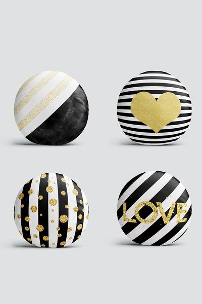 Realhomes 4-Piece Gold Detailed Geometric Patterned Modern Round Pillow Throw Pillow Cover Set on White Background