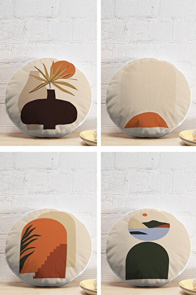 Realhomes 4'lü Etnik Özel Tasarım Dijital Baskılı Modern Yuvarlak Yastık Kırl...