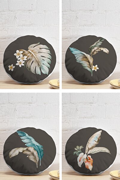 Realhomes طقم غطاء وسادة دائري حديث مطبوع رقميًا مكون من 4 قطع بتصميم ريش خلف...