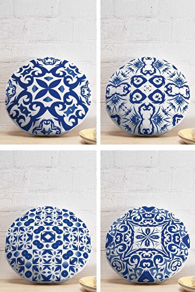 Realhomes 4'lü Beyaz Zemin Üzerinde Çini Desenli Modern Yuvarlak Yastık Kırle...