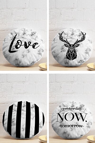 Realhomes غطاء وسادة دائري حديث مطبوع رقميًا بتصميم أرضية رخامية مكون من 4 قطع