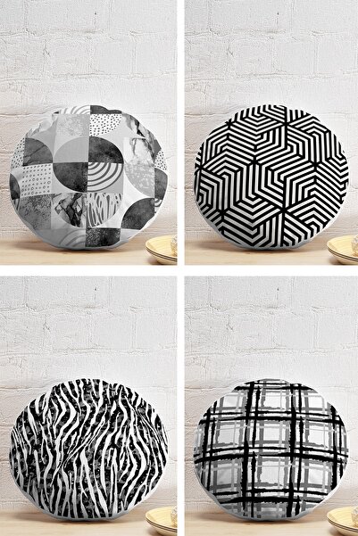 Realhomes 4'lü Siyah Beyaz Geometrik Çizimler Dijital Baskılı Dekoratif Yuvar...