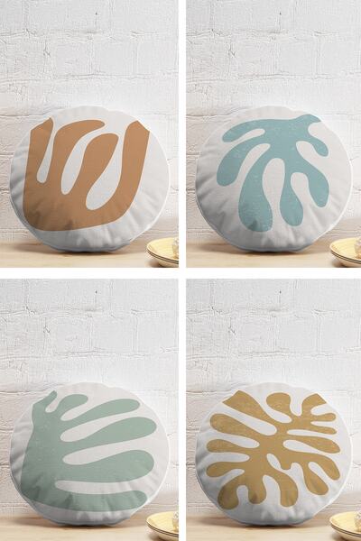 Realhomes 4'lü Renkli Zemin Üzerinde Onedraw Çizimli Modern Yuvarlak Yastık K...