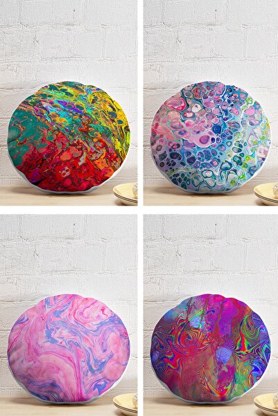 Realhomes 4'lü Sulu Boya Ebru Sanatı Tasarımlı Yuvarlak Yastık Kırlent Kılıf ...