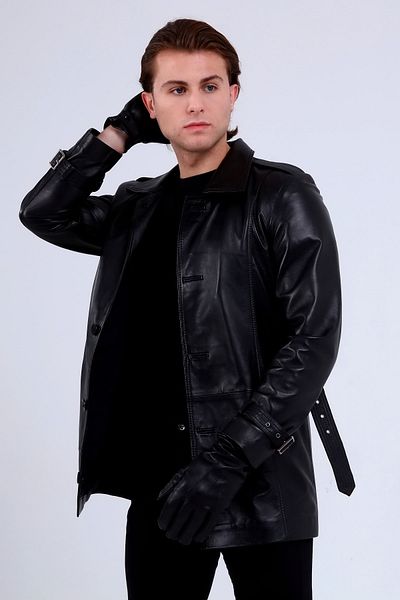CE-YIL Men's Genuine Leather Trench Coat