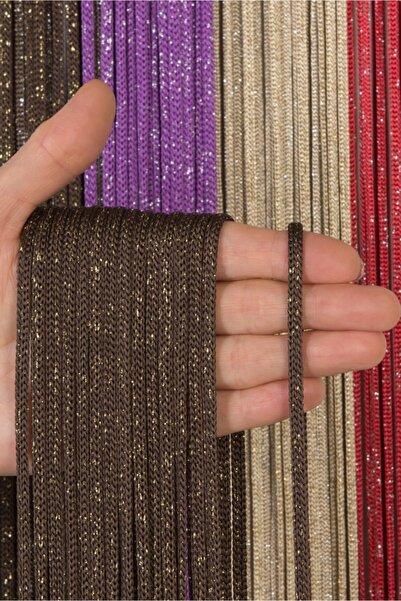 Saççax Exclusive Kahve Altın Renk Jumbo Simli Zincir Serisi Ip Perde 280 Cm