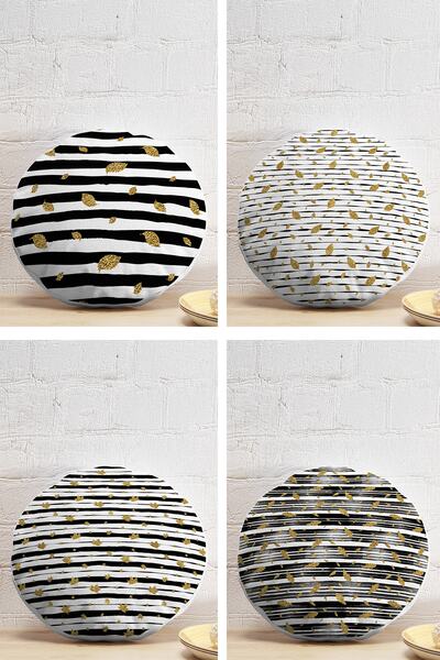 Realhomes 4'lü Beyaz Zemin Üzerinde Gold Detaylı Yaprak Desenli Modern Yuvarl...