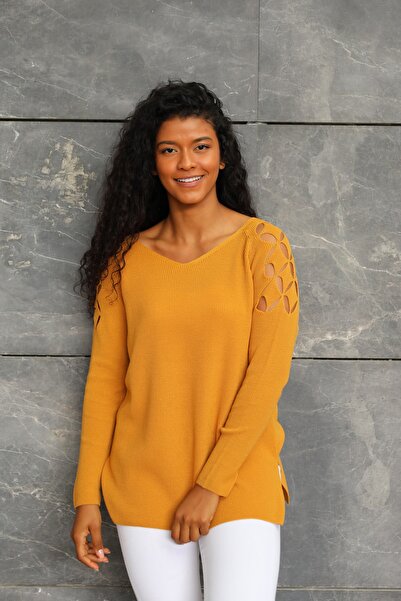 SİZ Kadın Omzu Geometrik Desenli Düz Renk Triko Bluz