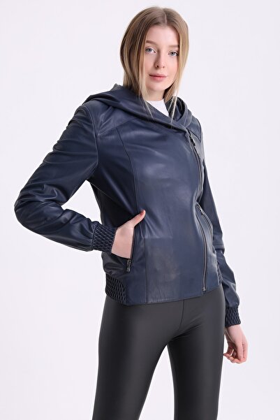 Leather Club Lacivert Kapüşonlu Deri Ceket