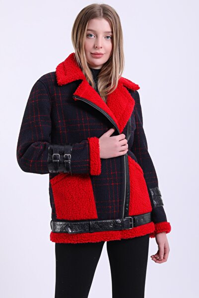 Leather Club Kırmızı Ekose Kruvaze Kuzu Yün Ceket