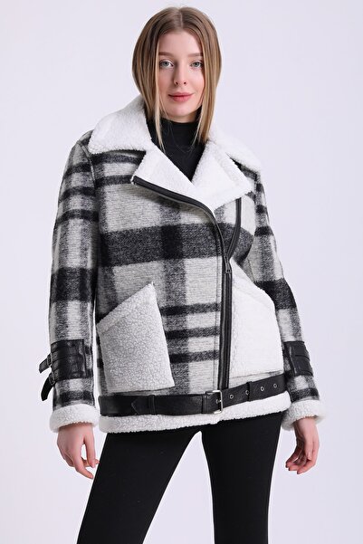 Leather Club Beyaz Ekose Kruvaze Kuzu Yün Ceket