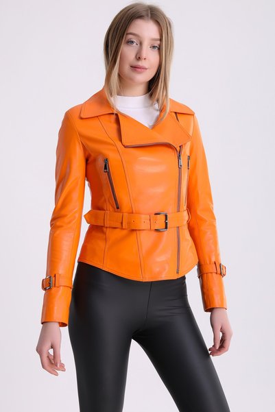 Leather Club Turuncu Kruvaze Kemerli Deri Ceket
