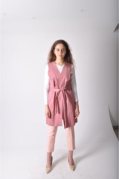 DEDAR Tekstil Kadın Pudra Kemer Detaylı Yelek