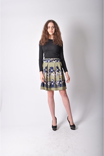 DEDAR Tekstil Kadın Haki Çiçek Detaylı Kısa Etek