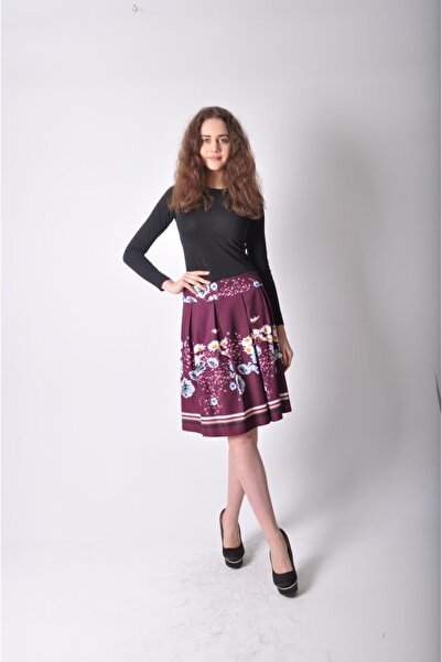 DEDAR Tekstil Kadın Bordo Çiçek Desenli Kısa Etek