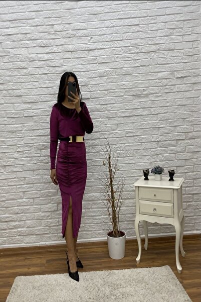 NKTCOLLECTİON Kadın Mürdüm Büzgüllü Kadife Midi Boy Kemerli Tasarım Gece Abiy...