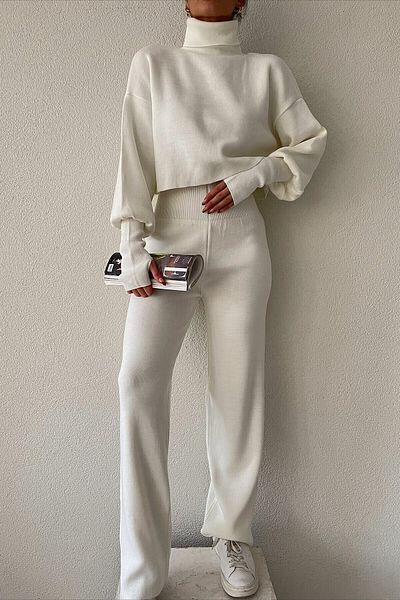 bayansepeti Handmade Ecru Knitwear Crop and High Waist Ecru Knitwear Trousers Set 015
