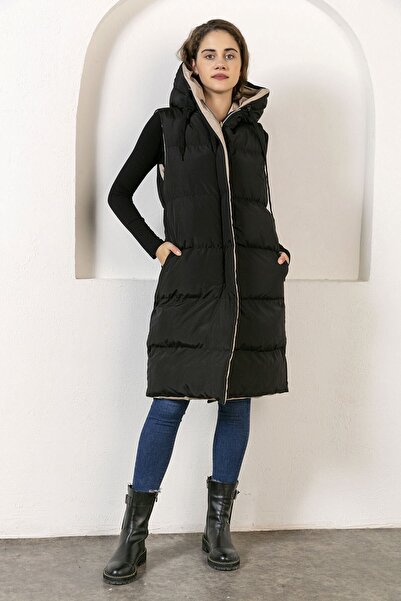 Kadın Modası Γυναικείο φανελάκι διπλής όψης με κουκούλα μπεζ και τσέπες με φερμουάρ