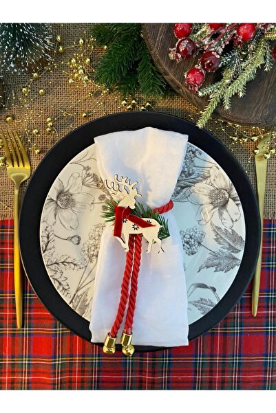Motif Aksesuar 6'lı Set Ahşap Ren Geyikli Ve Çanlı Yılbaşı , Yeniyıl Noel Temalı Peçete Halkası