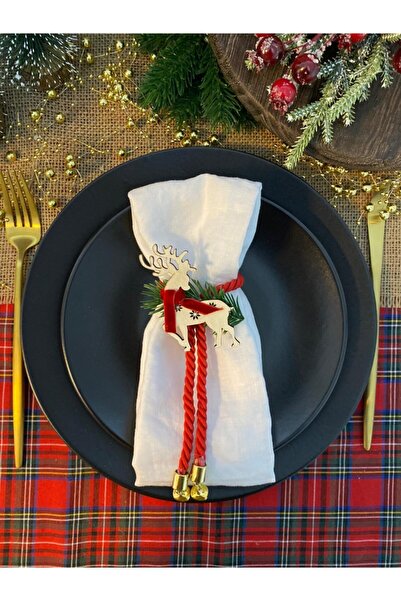 Motif Aksesuar 6'lı Set Ahşap Ren Geyikli Ve Çanlı Yılbaşı , Yeniyıl Noel Temalı Peçete Halkası
