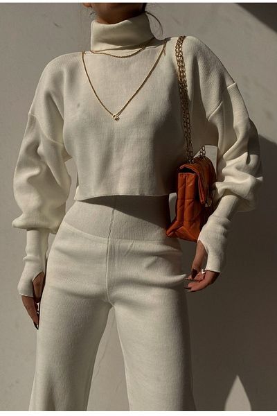 lovebox Hand-stitched Ecru Knitwear Crop Top and High Waist Ecru Knitwear Trousers Double Set 015