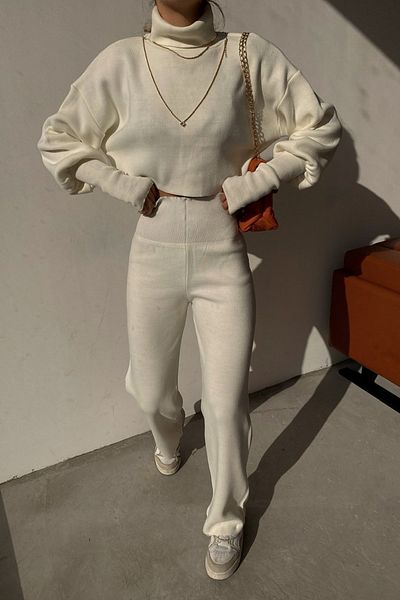 lovebox Hand-stitched Ecru Knitwear Crop Top and High Waist Ecru Knitwear Trousers Double Set 015