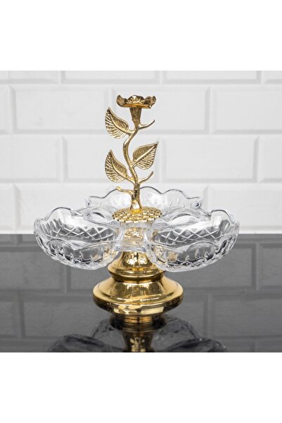 Zeyve وعاء تقديم زجاجي كريستالي ياقوتي - 3 أقسام، وعاء تقديم الطعام، وعاء البهجة التركية، تحت وعاء الوجبات الخفيفة، 20 × 20 سم، مقبض معدني