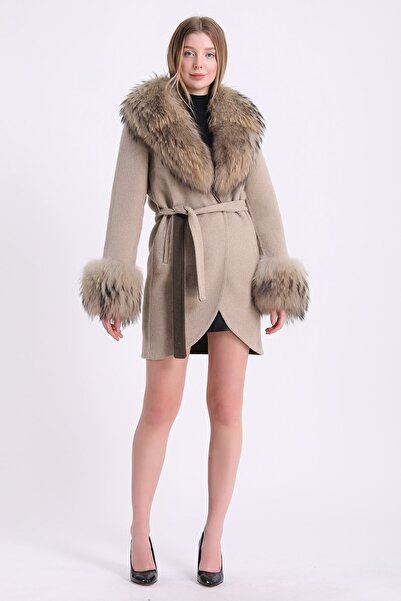 Leather Club Krem Fox Aksesuarlı Kaşmir Kaban