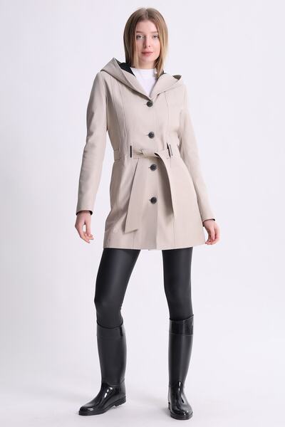 Leather Club Bej Kapüşonlu Deri Kaban