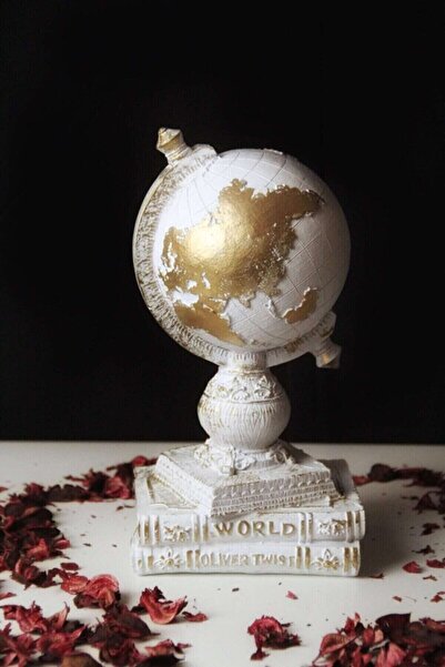 Semart Dizayn Kitaplı Dünya Dekoratif Küre Atlas Heykeli Beyaz Gold Biblo