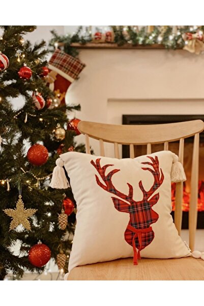 Hestia Home Novogodišnja crvena Karirano Sa resama Jelen - Krem tkanina