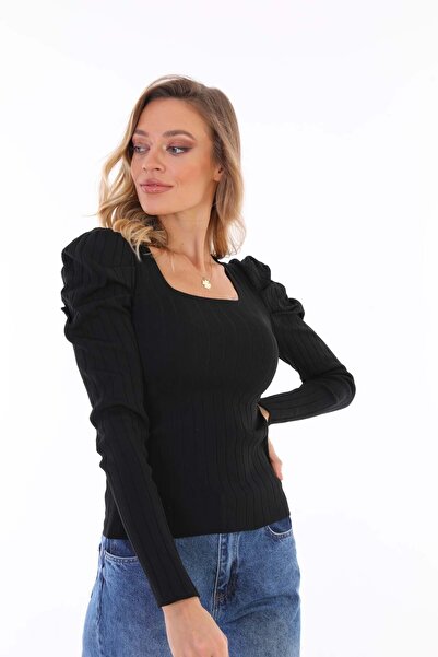 Pinpery Pulover bluză cu guler pătrat cu mâneci prințesă cu mâneci negre pentru femei