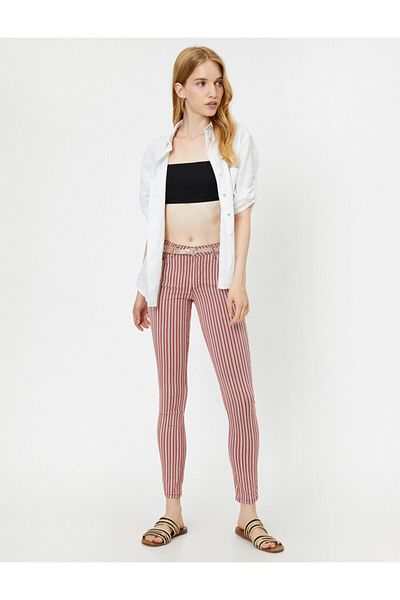 Koton Women's Red Normal Waist Pocket Detailed Slim Cut Belt Detailed Trousers 9YAK43482MW