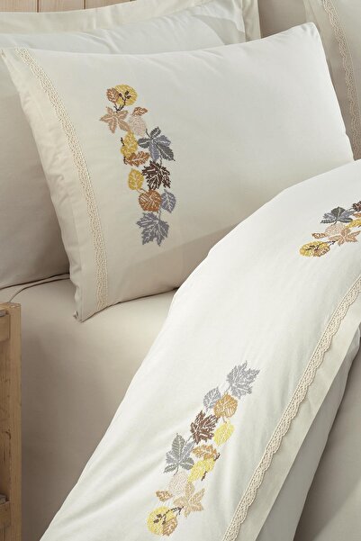 ÖDEL HOME Natural - Mustard Lace Leaf Embroidered Double Duvet Cover Set