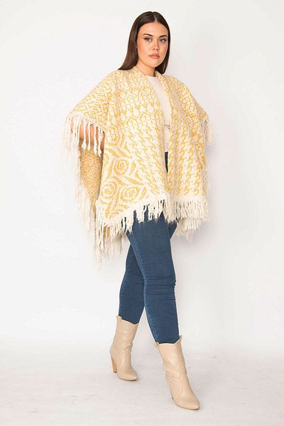 Şans Women's Large Size Yellow Shawl Pattern Tassel and Glitter Detailed Thick Knitwear Poncho 65n30401