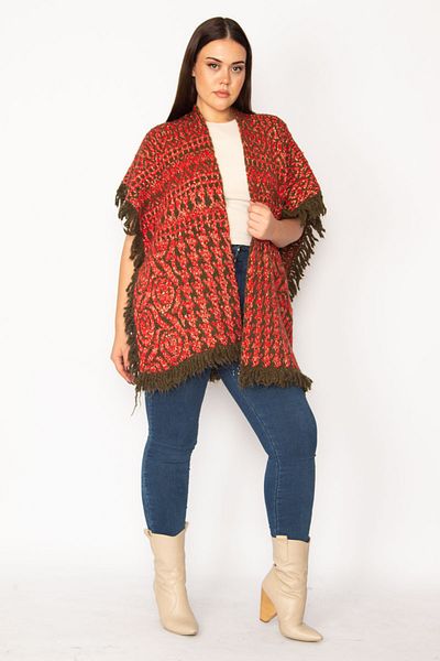 Şans Women's Large Size Claret Red Shawl Pattern Tassel and Glitter Detailed Thick Knitwear Poncho 65n30401