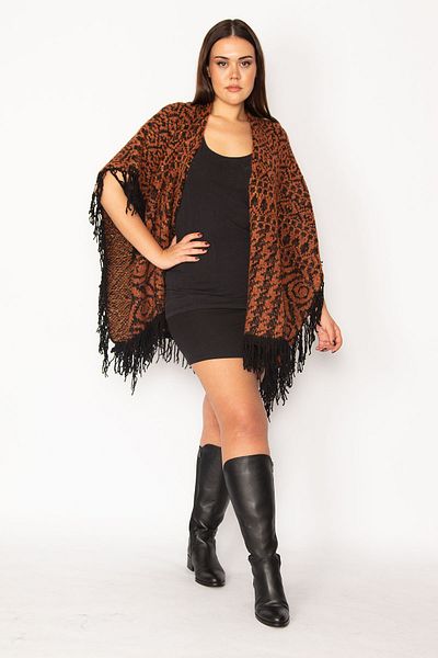 Şans Women's Large Size Brown Shawl Pattern Tassel and Glitter Detailed Thick Knitwear Poncho 65n30401