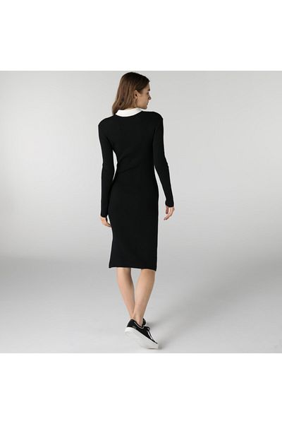 Lacoste Polo Neck Striped Black Slim Fit Long Sleeve Women's Dress