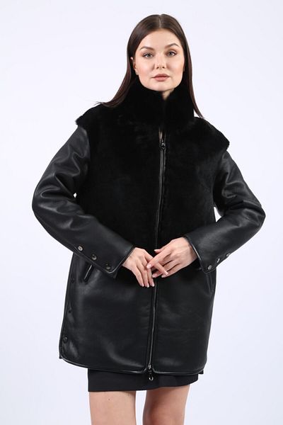 By Marki Marki Fur Coat, Genuine Leather Coat, Fur Lined Coat, Long Coat with Feather on the Front -106822