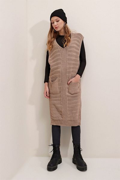 AQE FASHION Γυναικείο πόντσο τσέπης με λαιμόκοψη V βιζόν