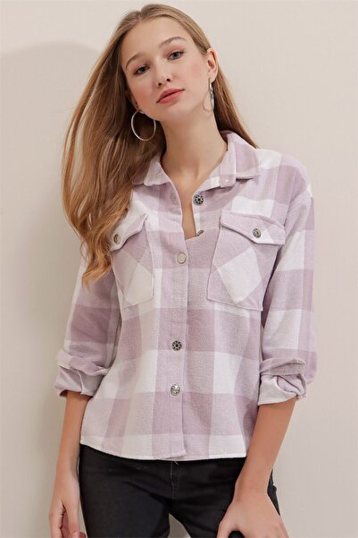AQE FASHION Γυναικείο καρό πουκάμισο με μεταλλικό κουμπιά λιλά