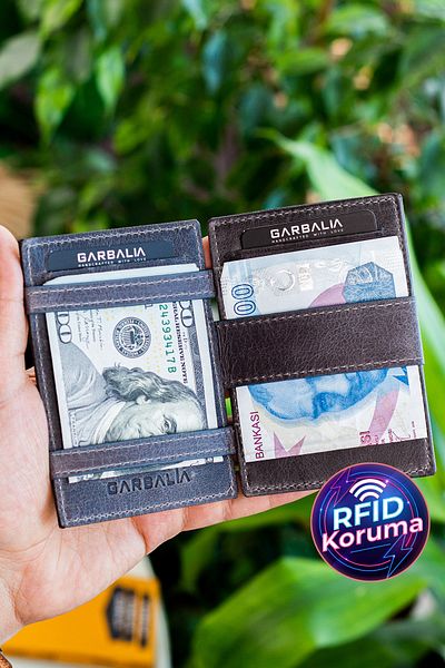 Garbalia Magic Genuine Leather Rfid Blocker Unisex Magician Gray Card Holder Wallet
