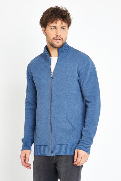 Matte Luxury Indigo Zippered Knitwear Cardigan with Pockets
