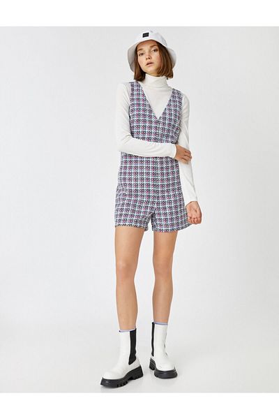 Koton Karierter Jumpsuit mit V-Ausschnitt
