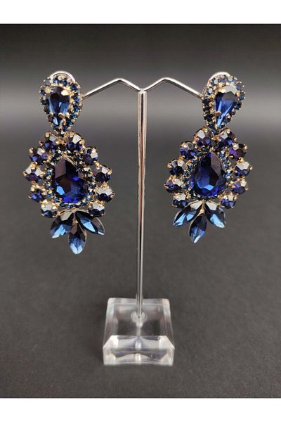 Türkay Aksesuar Navy Blue Crystal Stone Henna Wedding Bridal Earrings