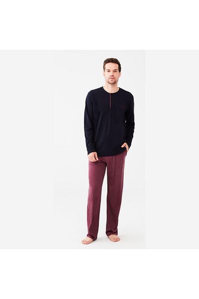 MOD 3527 Men's Long Sleeve Pajama Set with Placket - dark blue