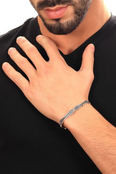 LABALABA Erkek Antik Gümüş Kaplama Ayarlanabilir Kelepçe Formlu Melek Kanadı ...