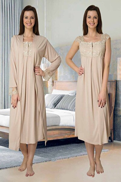 Effortt Milky Brown Maternity Set with Lace Detailed Strap Sleeve Nightgown and Dressing Gown