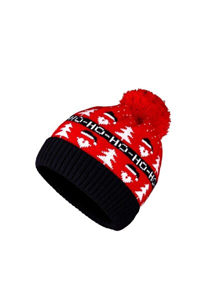 Fonem Unisex New Year's Pompom Ho Ho Beanie Fo 2677 Red